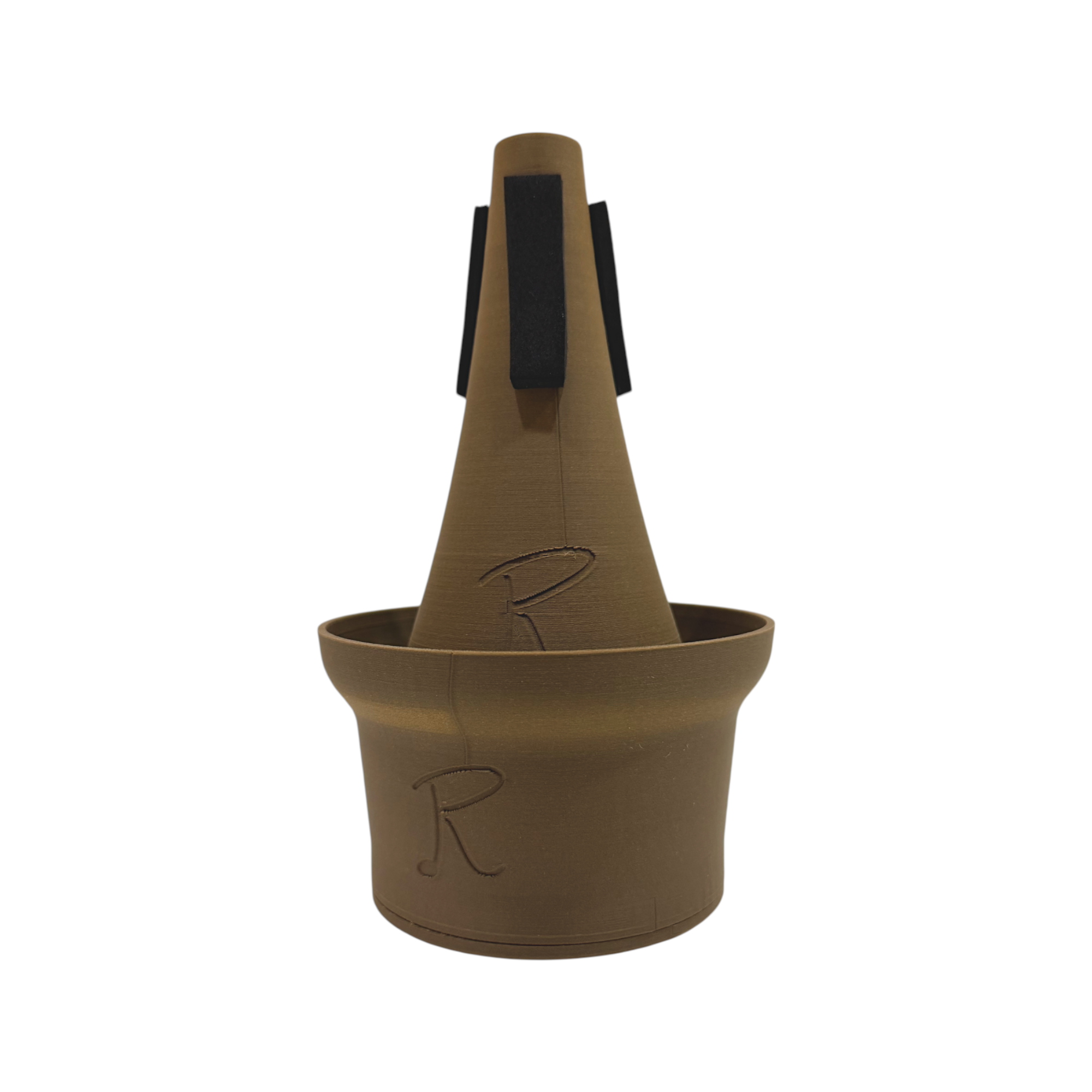 Sordina CUP para trompeta musicRioja – vista frontal, base de madera
