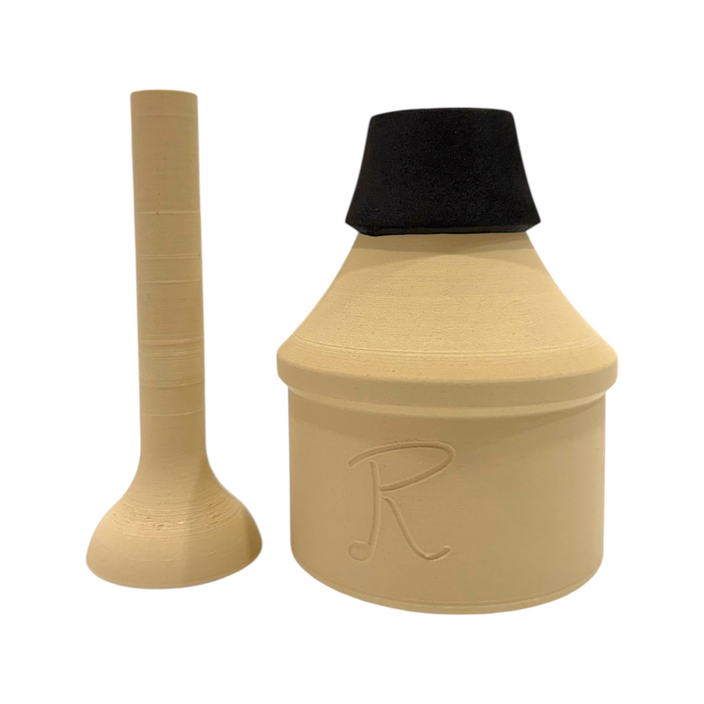 Sordina WahWah para trompeta musicRioja – vista frontal, base de madera